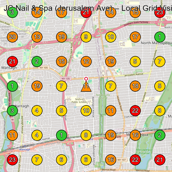 JC Nail & Spa (Jerusalem Ave) Nail Salon GeoGrid ranking map for Massapequa NY